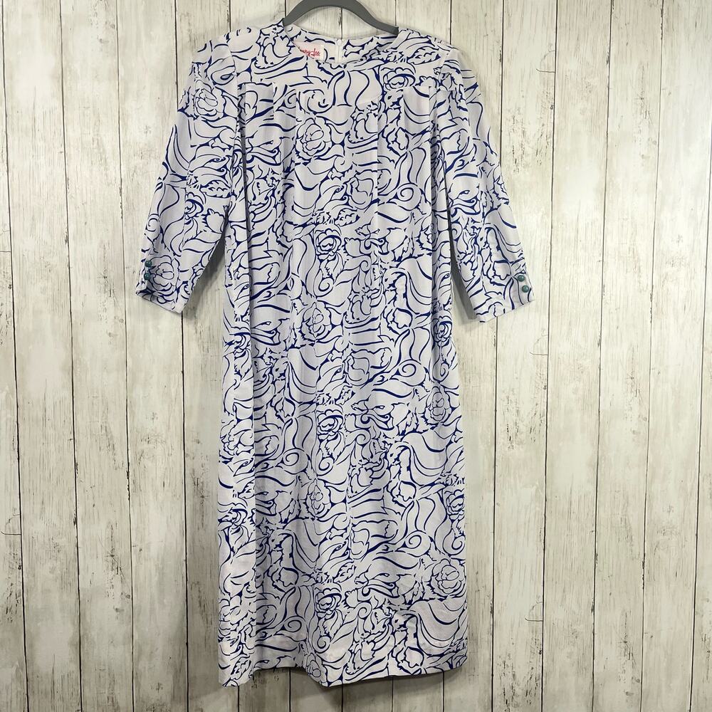 Vintage Henry Lee Petites Blue White Floral Swirls 3/4 Sleeve Shift Dress